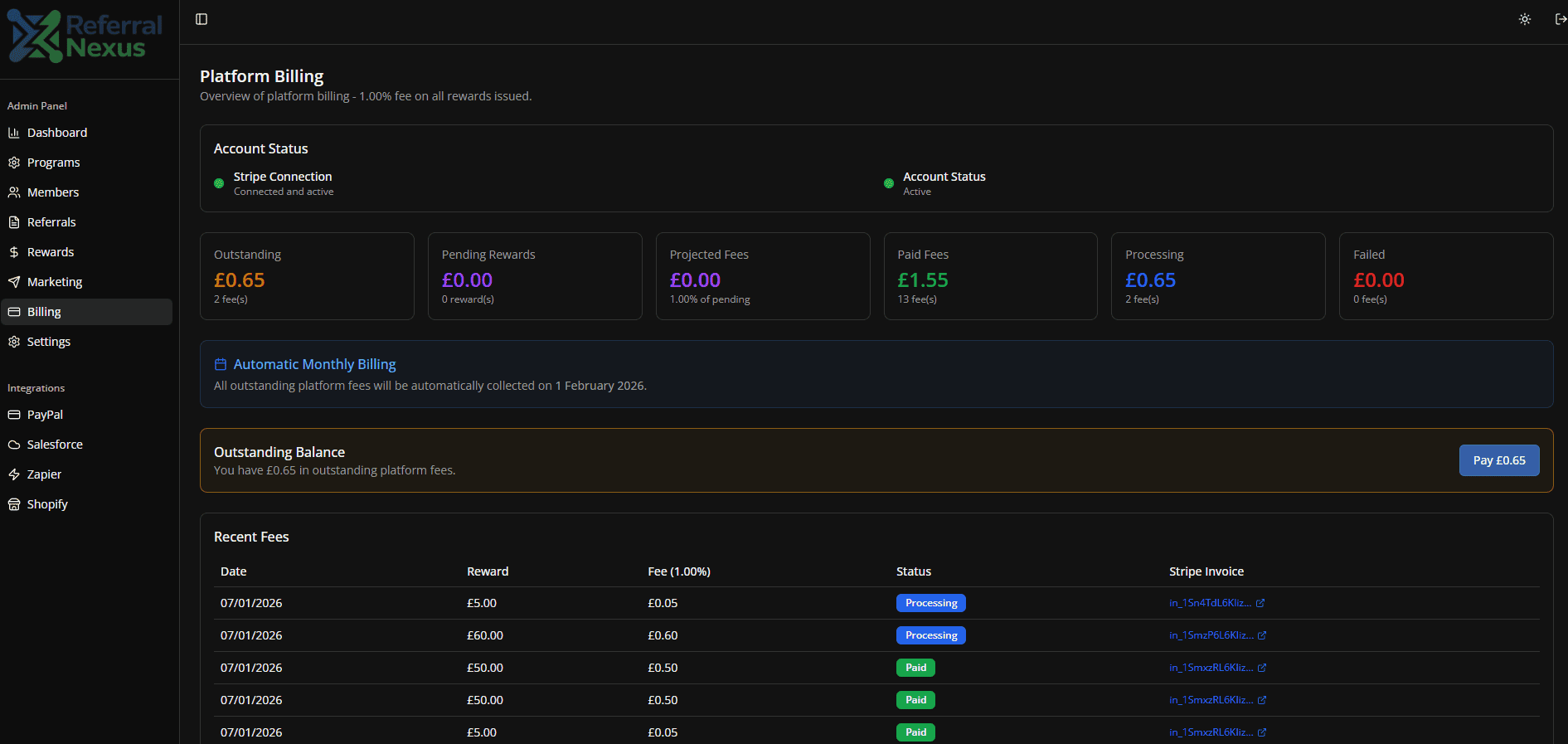 Platform billing with fees and payment tracking