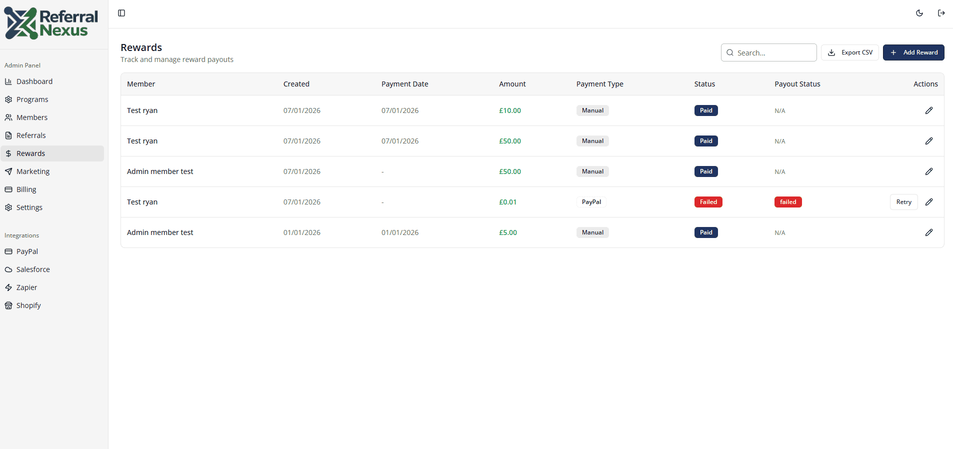 Rewards management screen showing payout tracking
